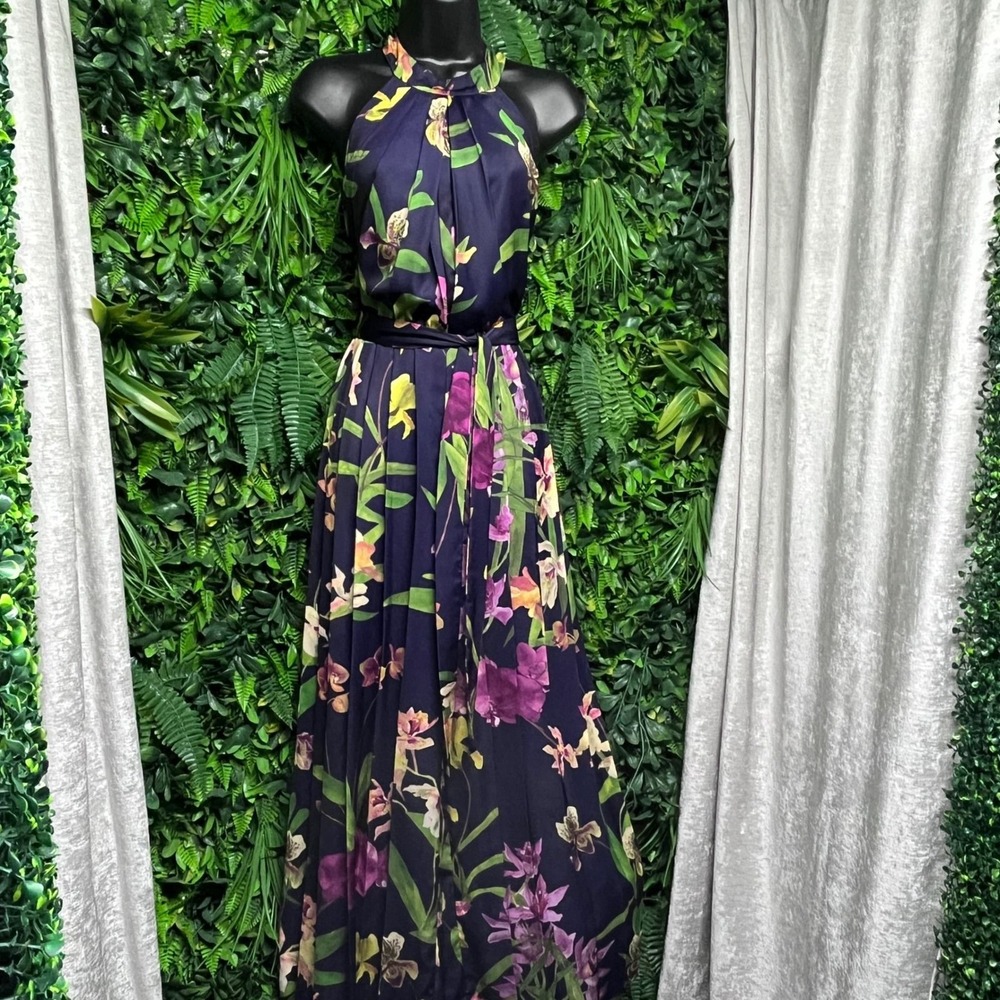 Karen Millen Atelier Pants Jumpsuit 8 Navy Purple Floral Halter Wide Leg 4055 - Picture 3 of 9